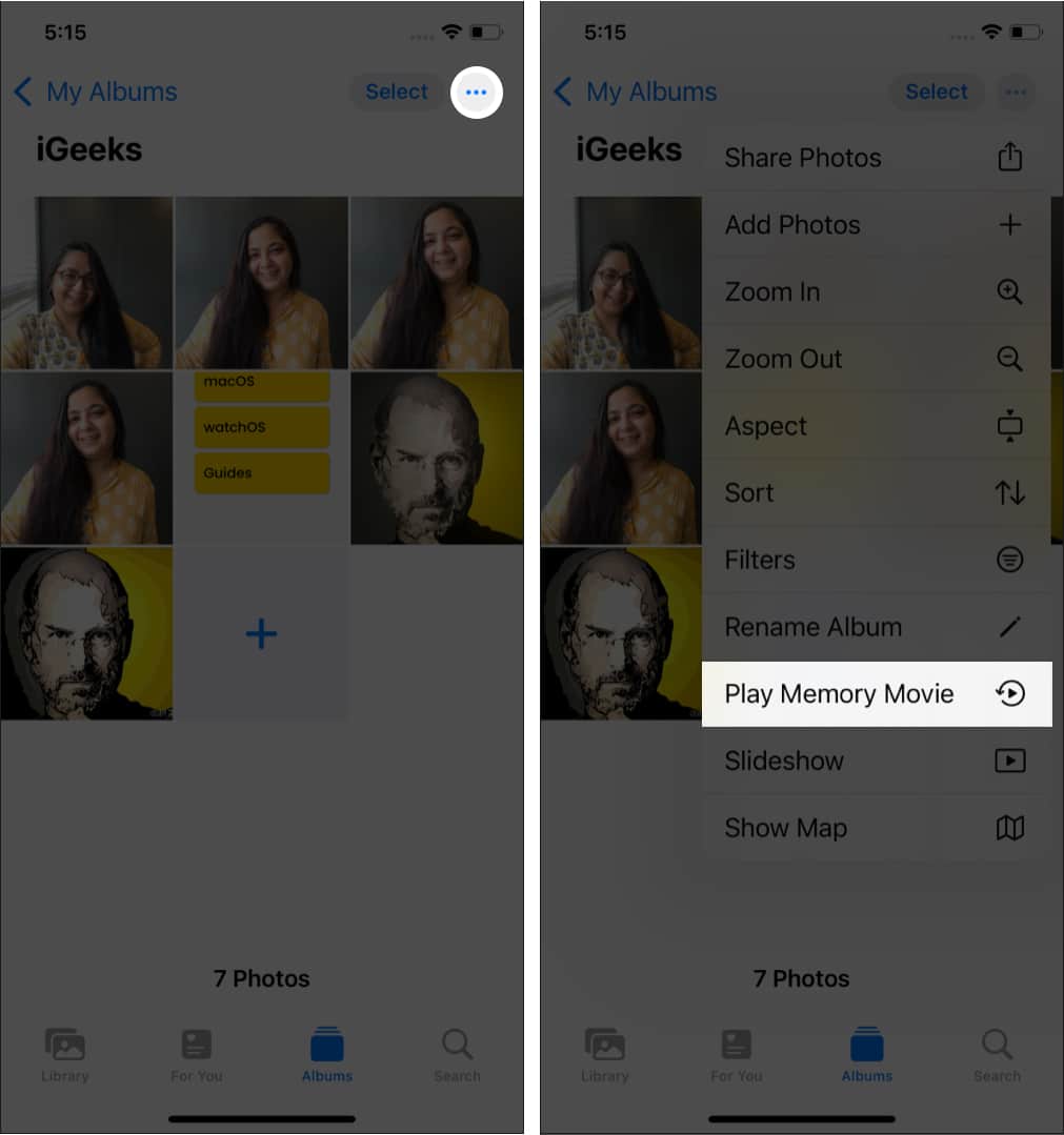 Tap Play Memory Movie to create a memory on iPhone