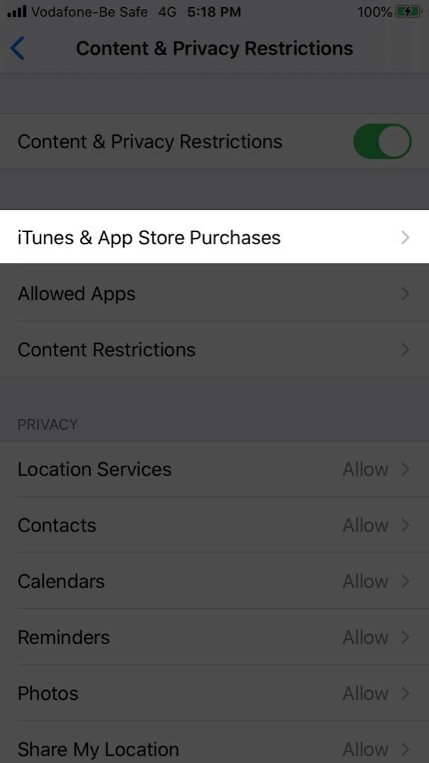 Tap On ITunes App Store Purchases In IOS 13