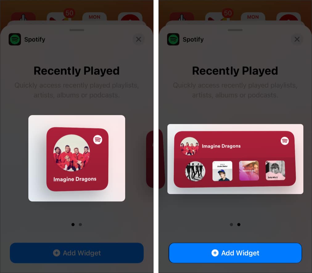 Tap the Add Widget button to add Spotify widget