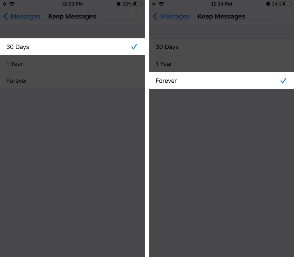 Choose Forever to Disable Auto-Delete Old Messages on iPhone