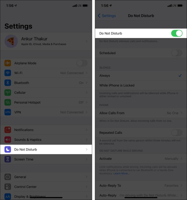 How to enable Do Not Disturb on iPhone via Settings app