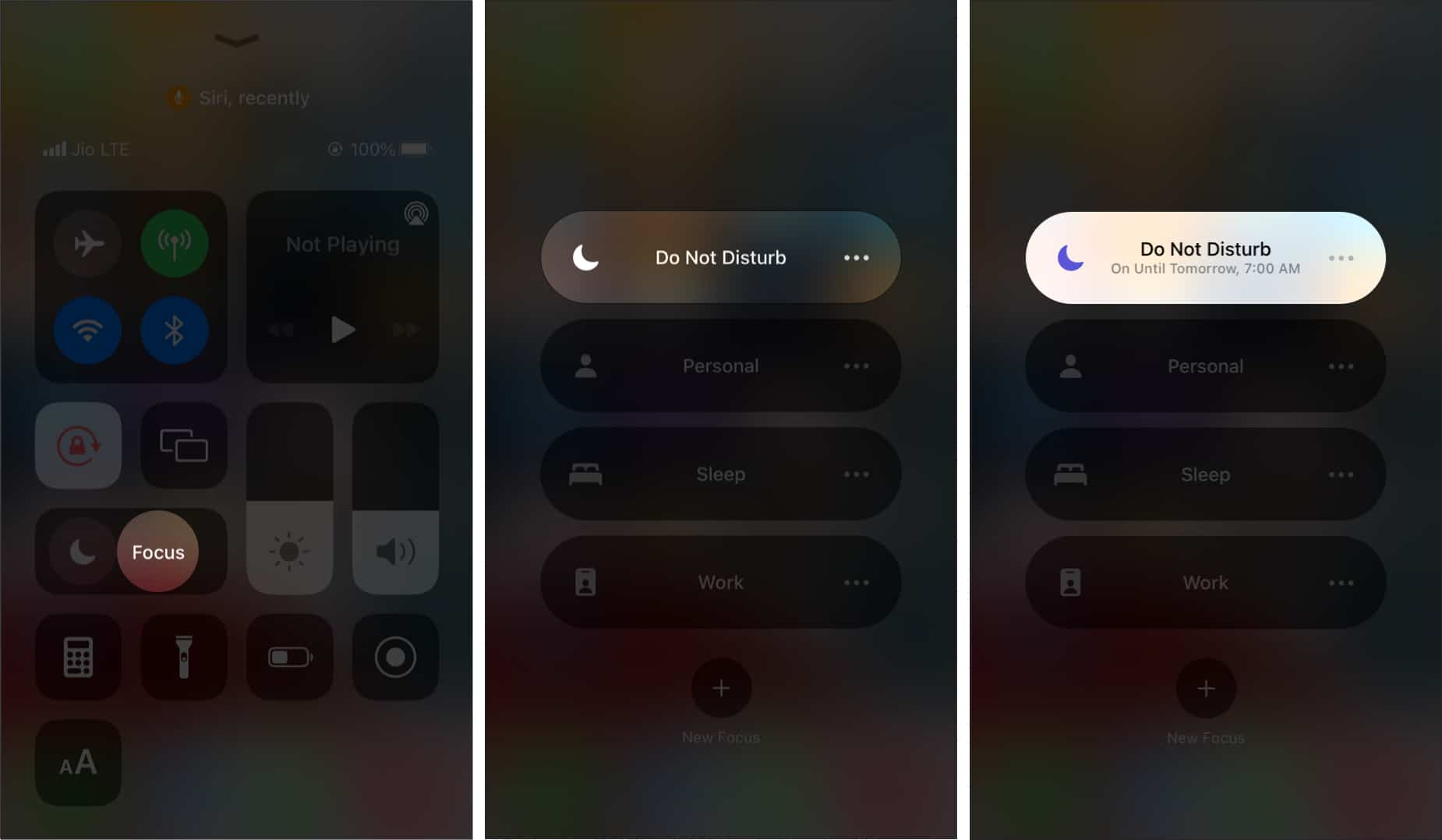 In iPhone Control Center tap Focus and Do Not Disturb to enable it