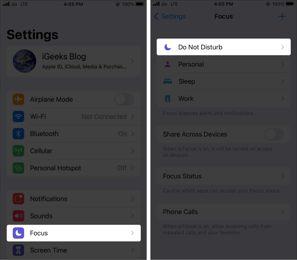 Open iOS 15 Settings app tap Focus Tap Do Not Disturb