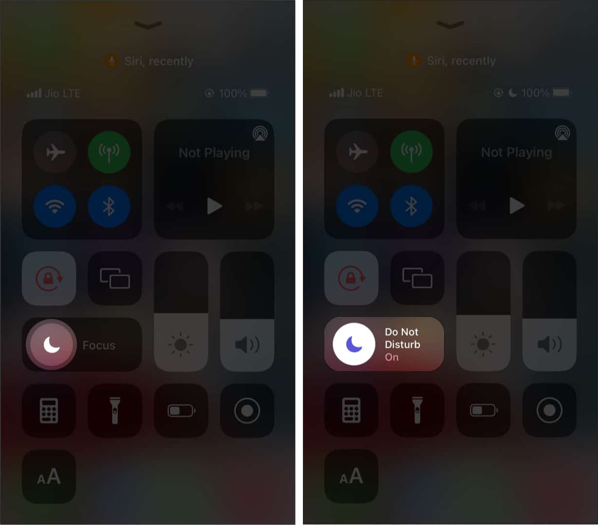 Tap white moon icon in iPhone Control Center to enable DND