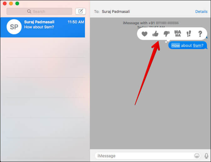 Choose Tapback to add it to the message bubble in Mac Messages App