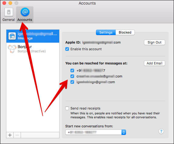 Click Accounts tab and then choose phone number and email addresses in Mac Messages App