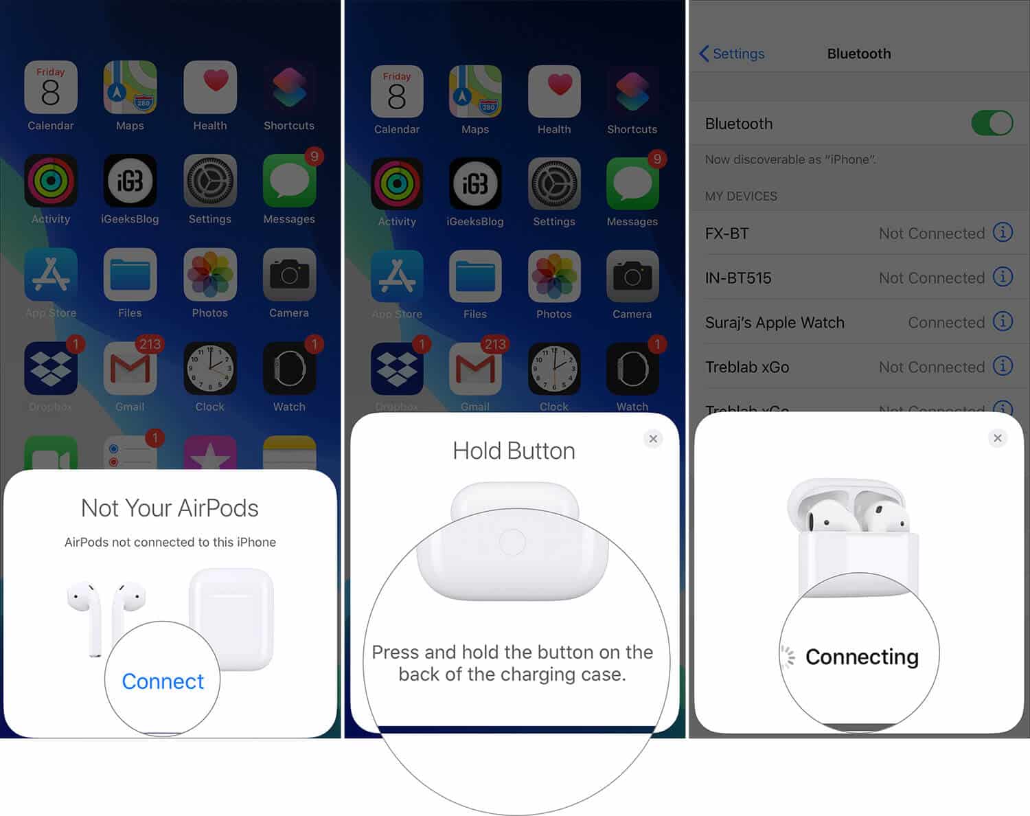 Connect and Press Hold setup button to pair AirPods with iPhone