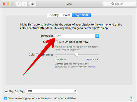 Disable Night Shift in macOS Sierra on Mac