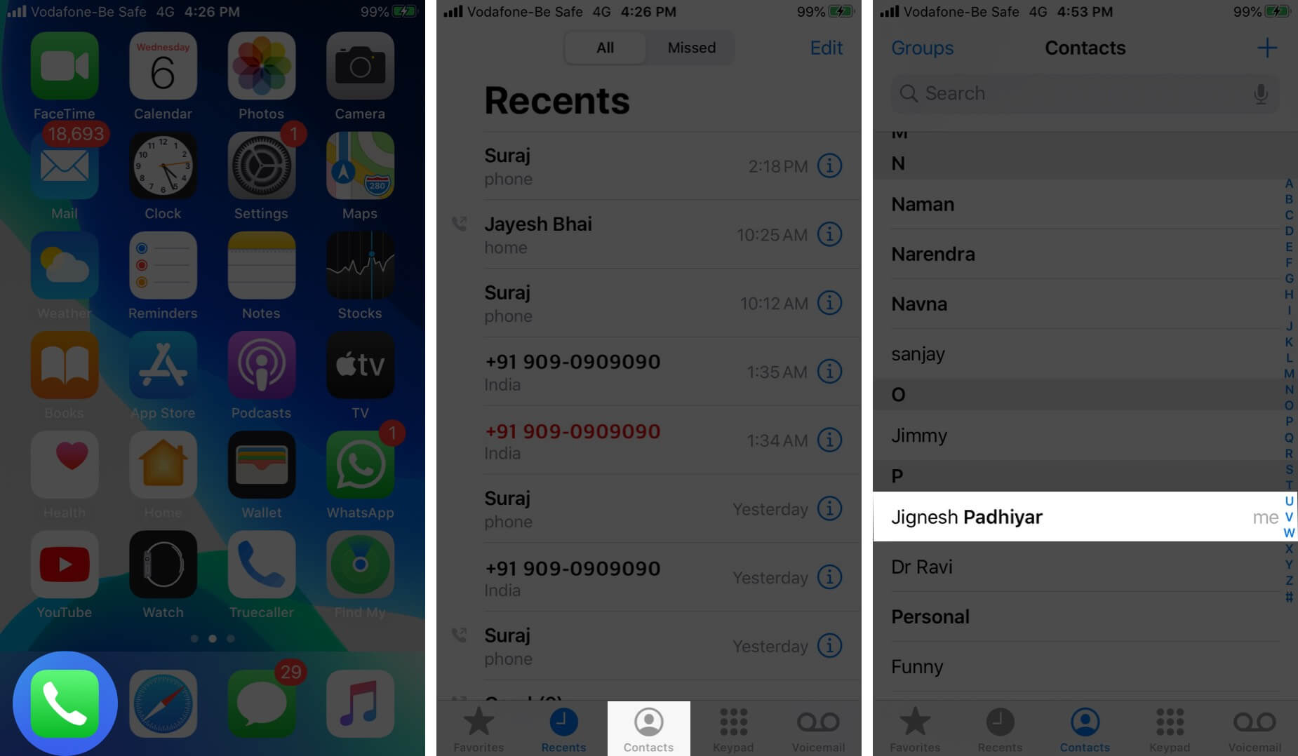 Open Phone App Tap on Contacts Tab and Select Contact on iPhone