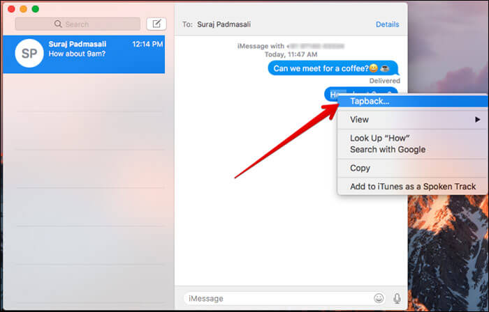 Open Shortcut menu and select Tapback in Mac Messages App