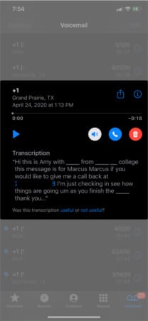 Play, callback, and trash Voicemail on iPhone