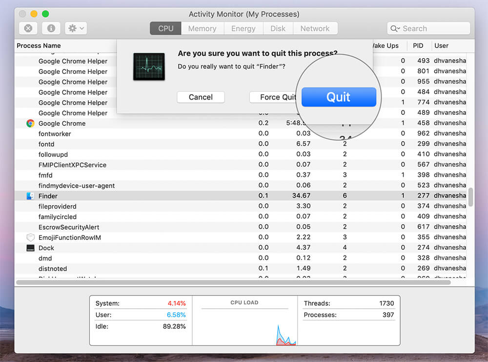 Quit Finder Using Mac Activity Monitor app