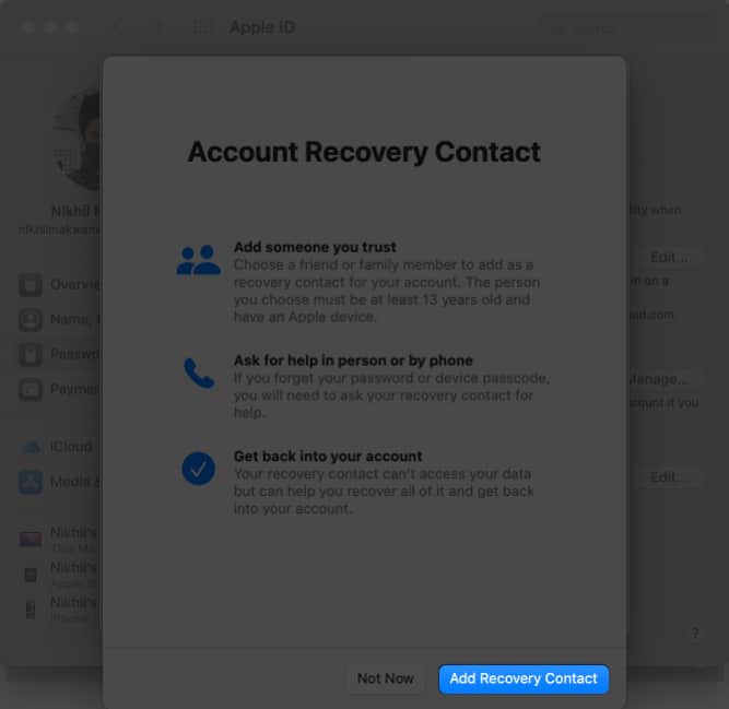 Выберите Добавить контакт для восстановления на Mac.
