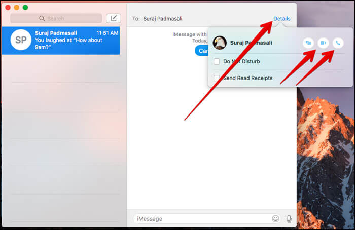 Select Video call and Audio call to Start FaceTime in iMessage on Mac