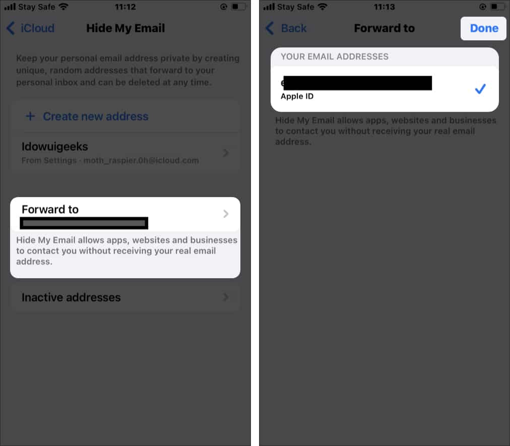Select the Forward to field on iPhone to delete digital footprint
