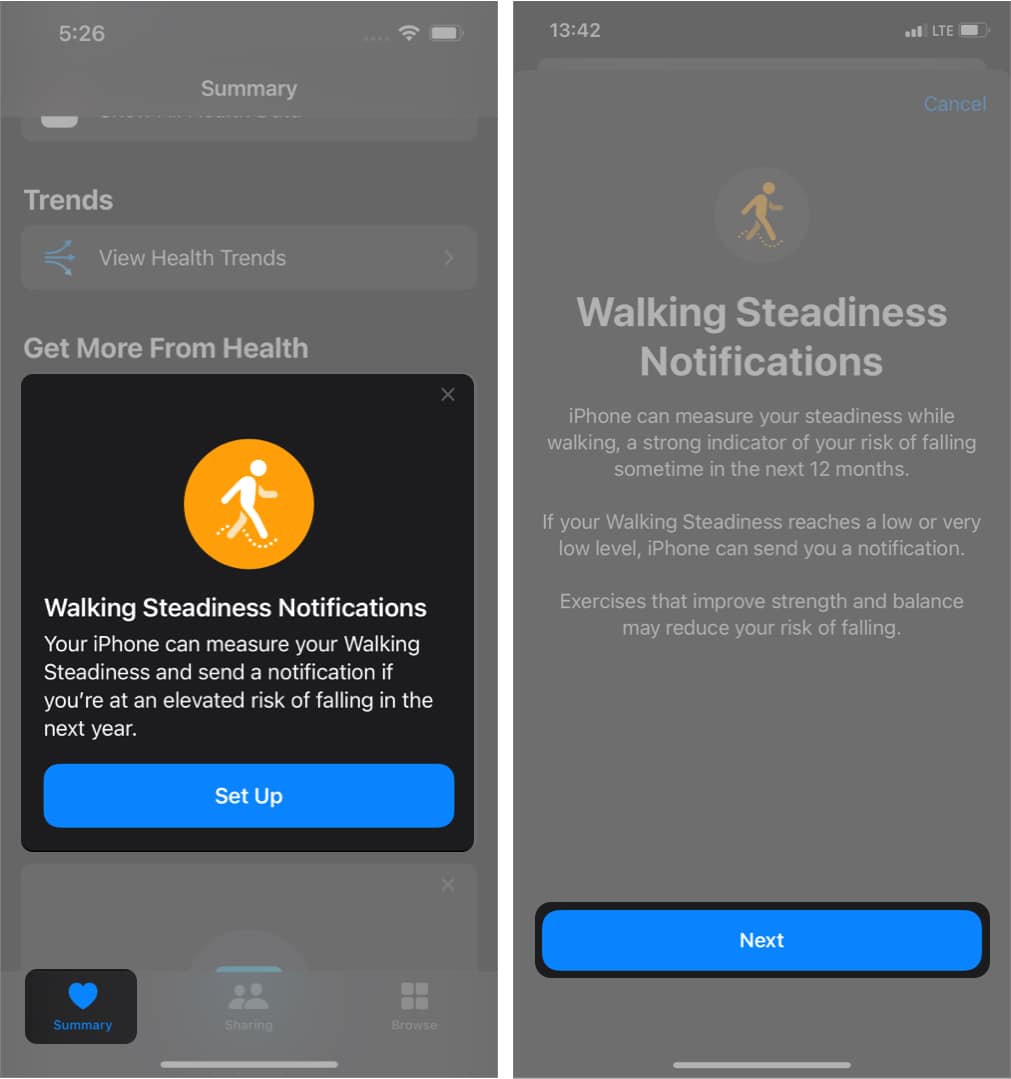 Set up Walking Steadiness from Summary in Health app on iPhone