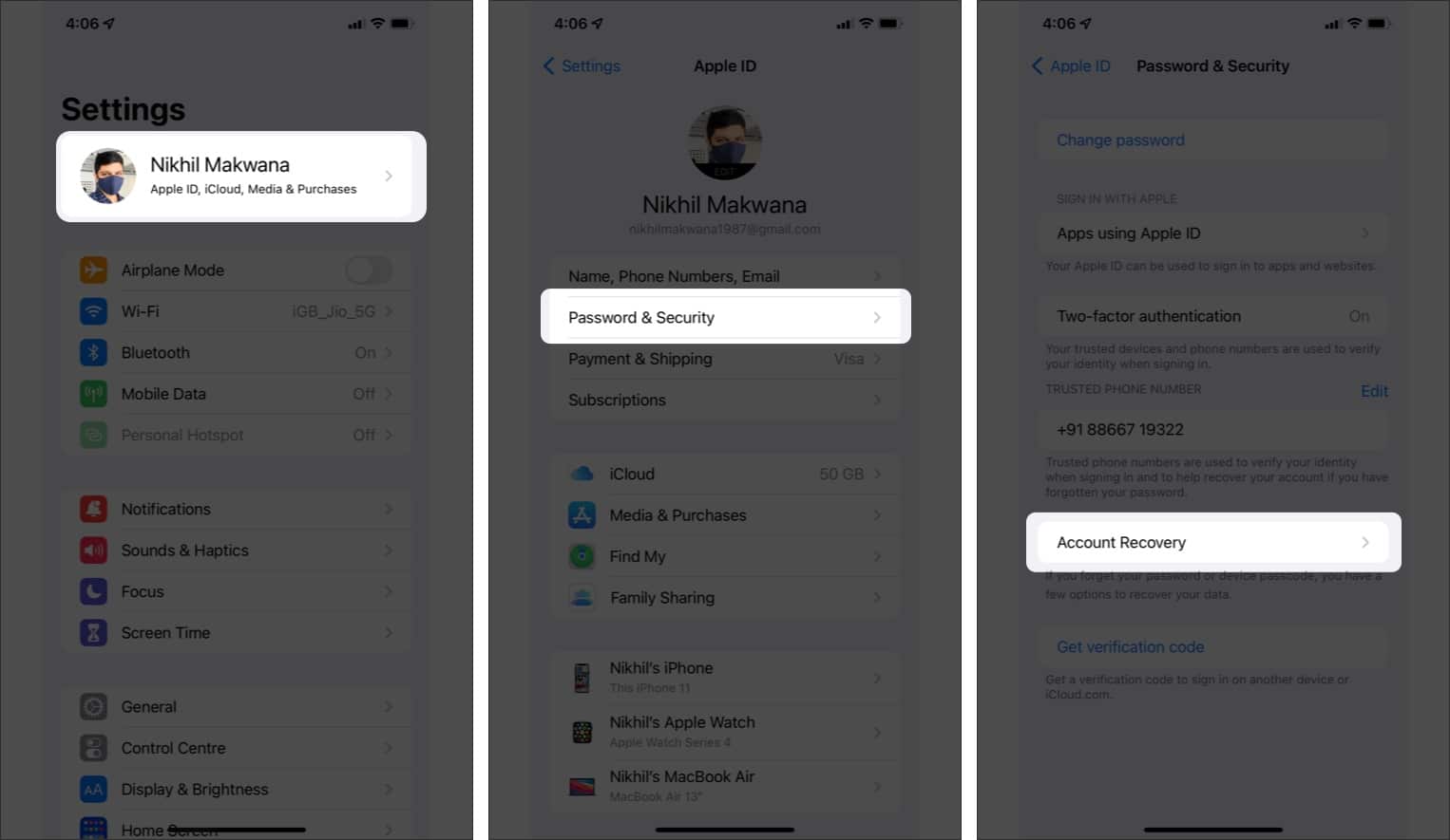 Tap Account Recovery from iPhone's Settings