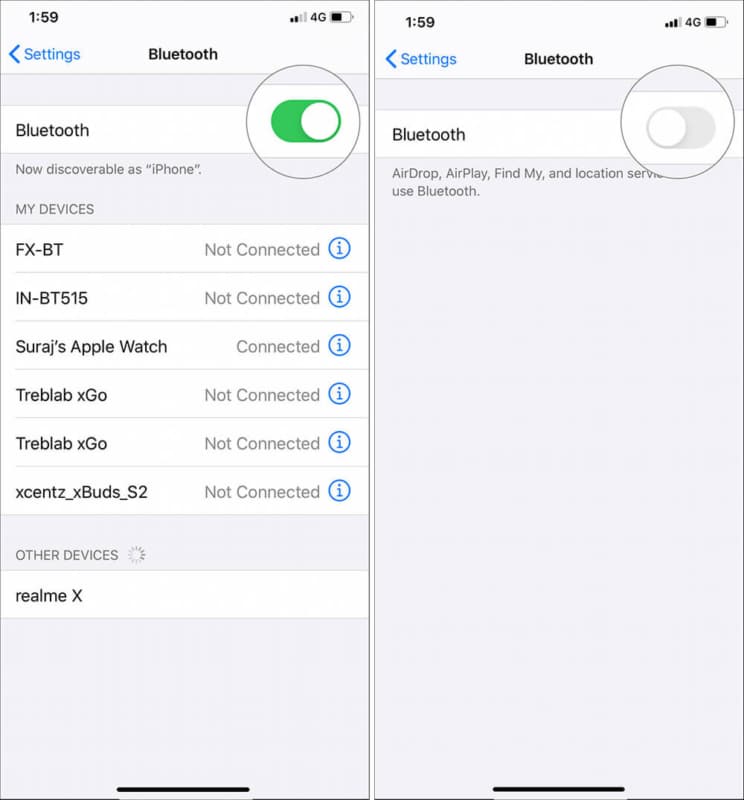 Tap on Bluetooth Toggle to turn off in Settings on iPhone