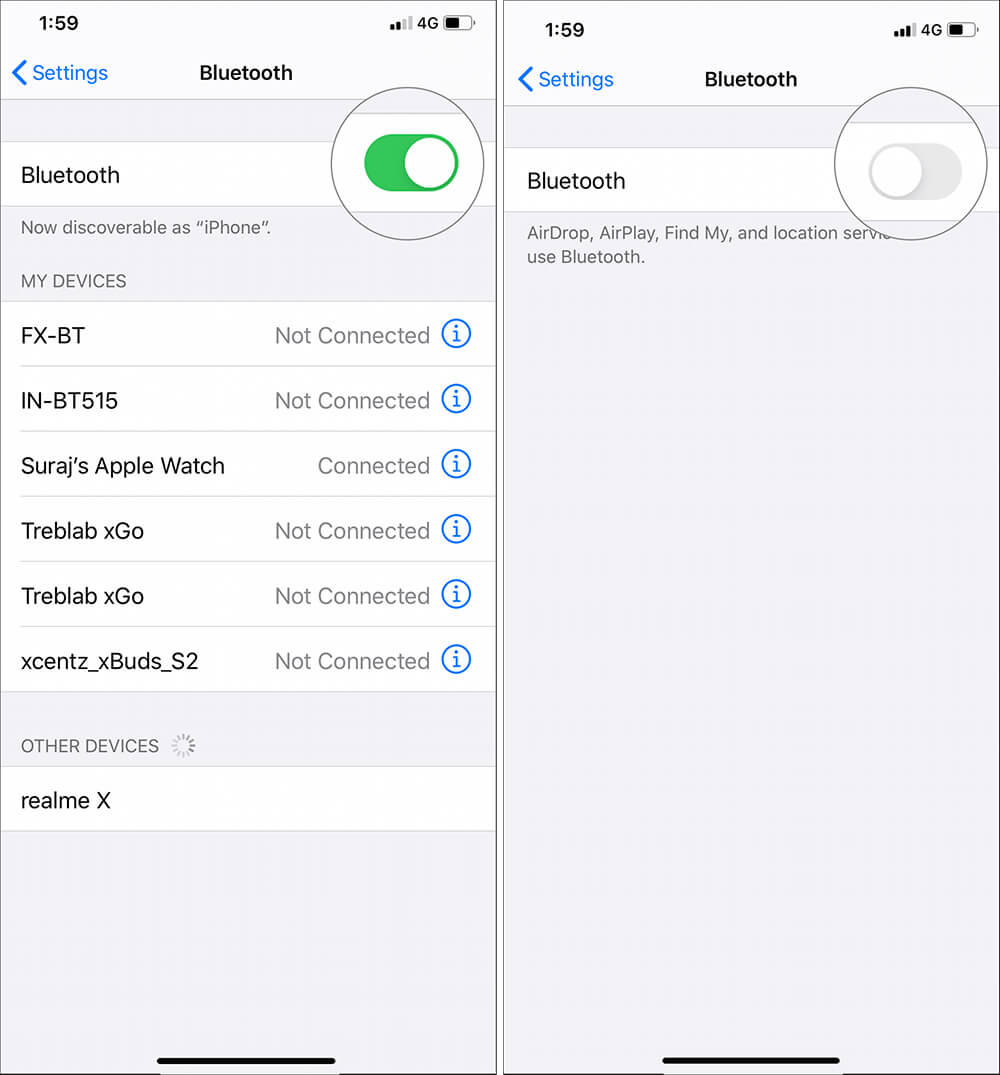 Tap on Bluetooth Toggle to turn off in Settings on iPhone