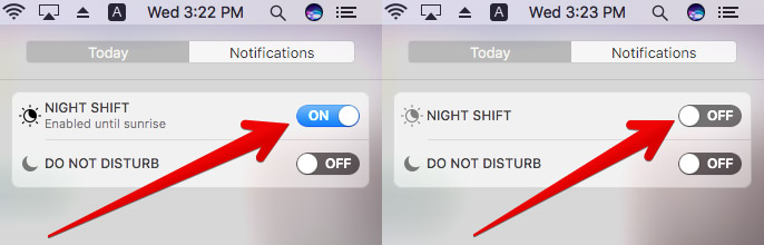 Turn Off Night Shift om Mac from Notification Center