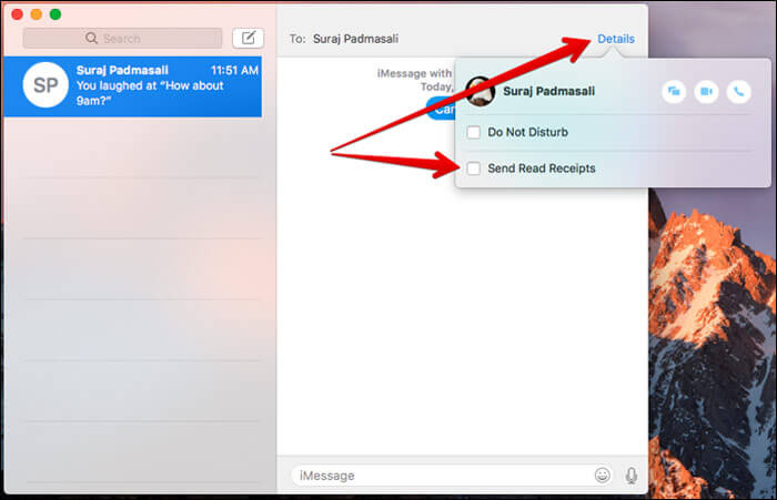 Uncheck the box to Disable Read Receipts for Individual Conversation in Messages App on Mac