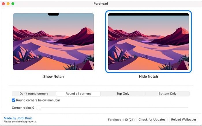 Jak skrýt zářez na MacBooku Pro Bezplatná aplikace Forehead pro skrytí zářezu v MacBooku Pro 2021