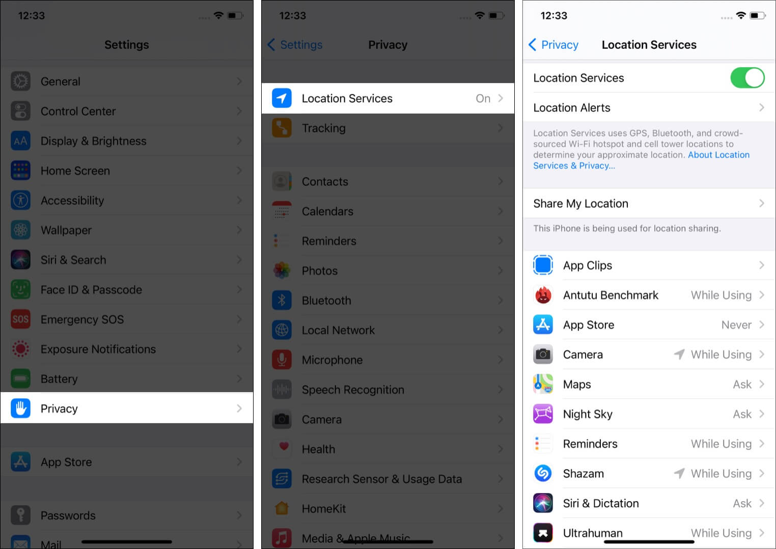 In Settings tap Privacy Location Services and choose an app