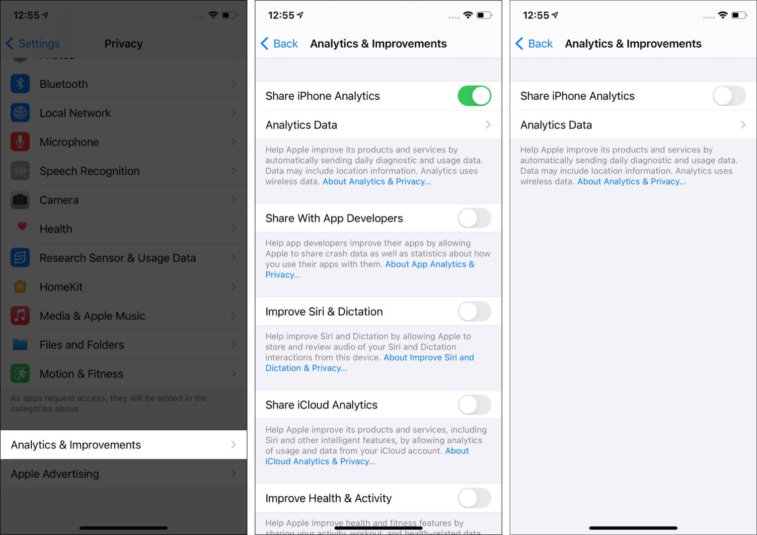 Turn off Share iPhone Analytics