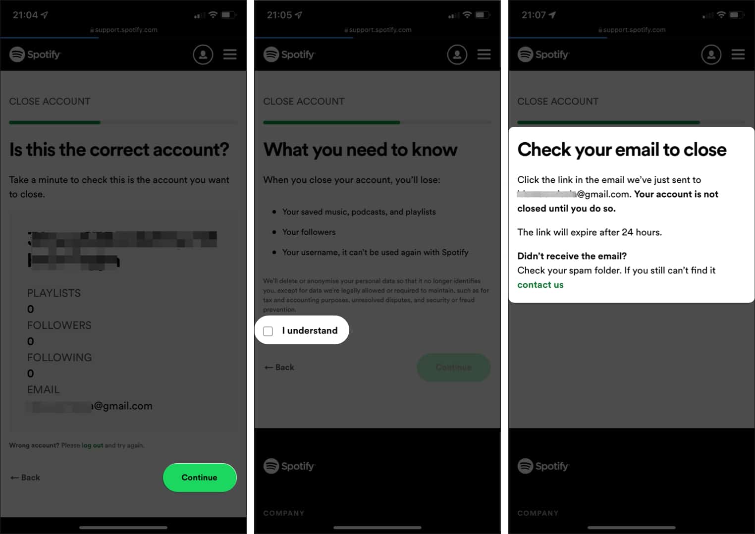 Check email to delete free Spotify account on iPhone