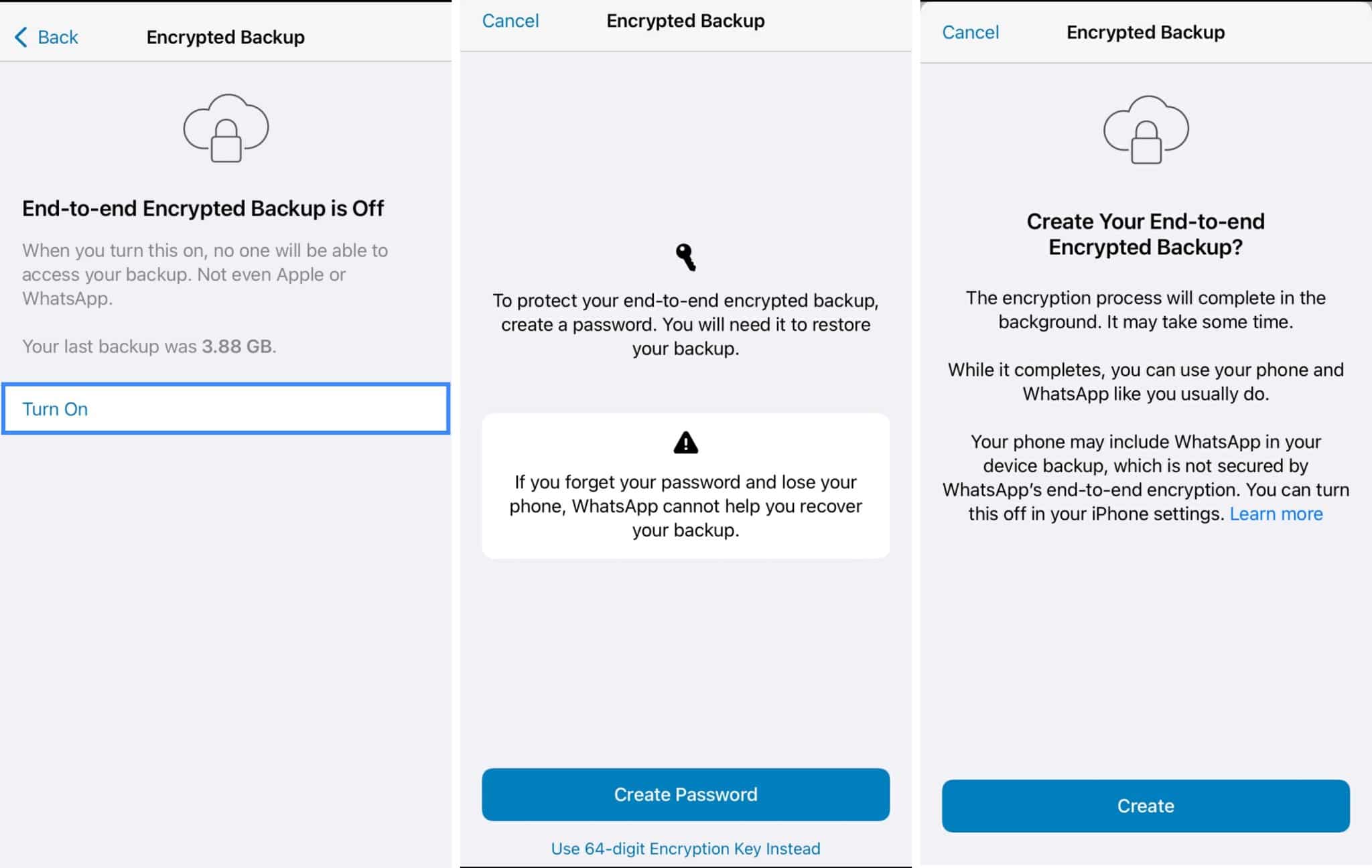 Choose between Password or 64 digit Encryption Key on Whatsapp