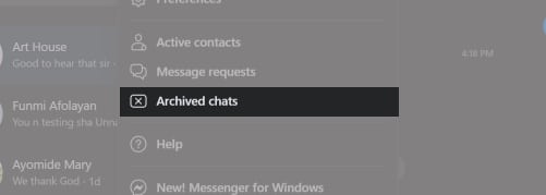Click Archived chats in Facebook website