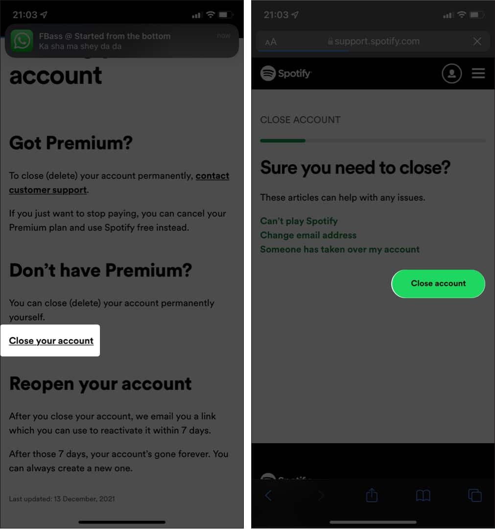 Delete your free Spotify account on iPhone