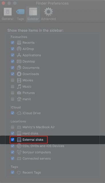 Enable External disks from the Finder on Mac