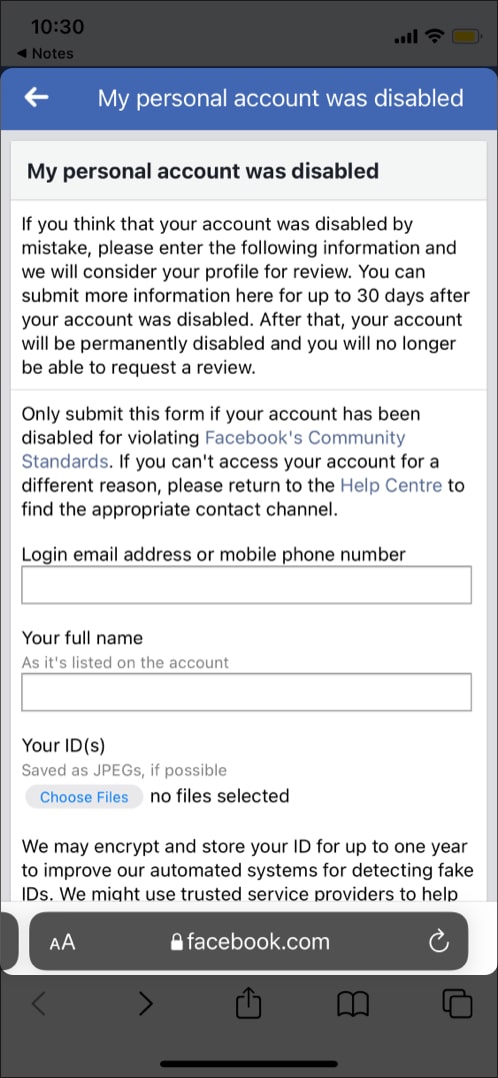 Recover a disabled Facebook account on iPhone