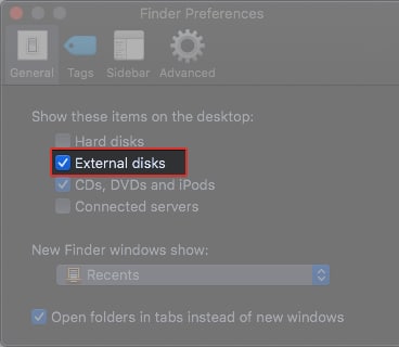 Select External Disks under Show these items on the desktop on Mac