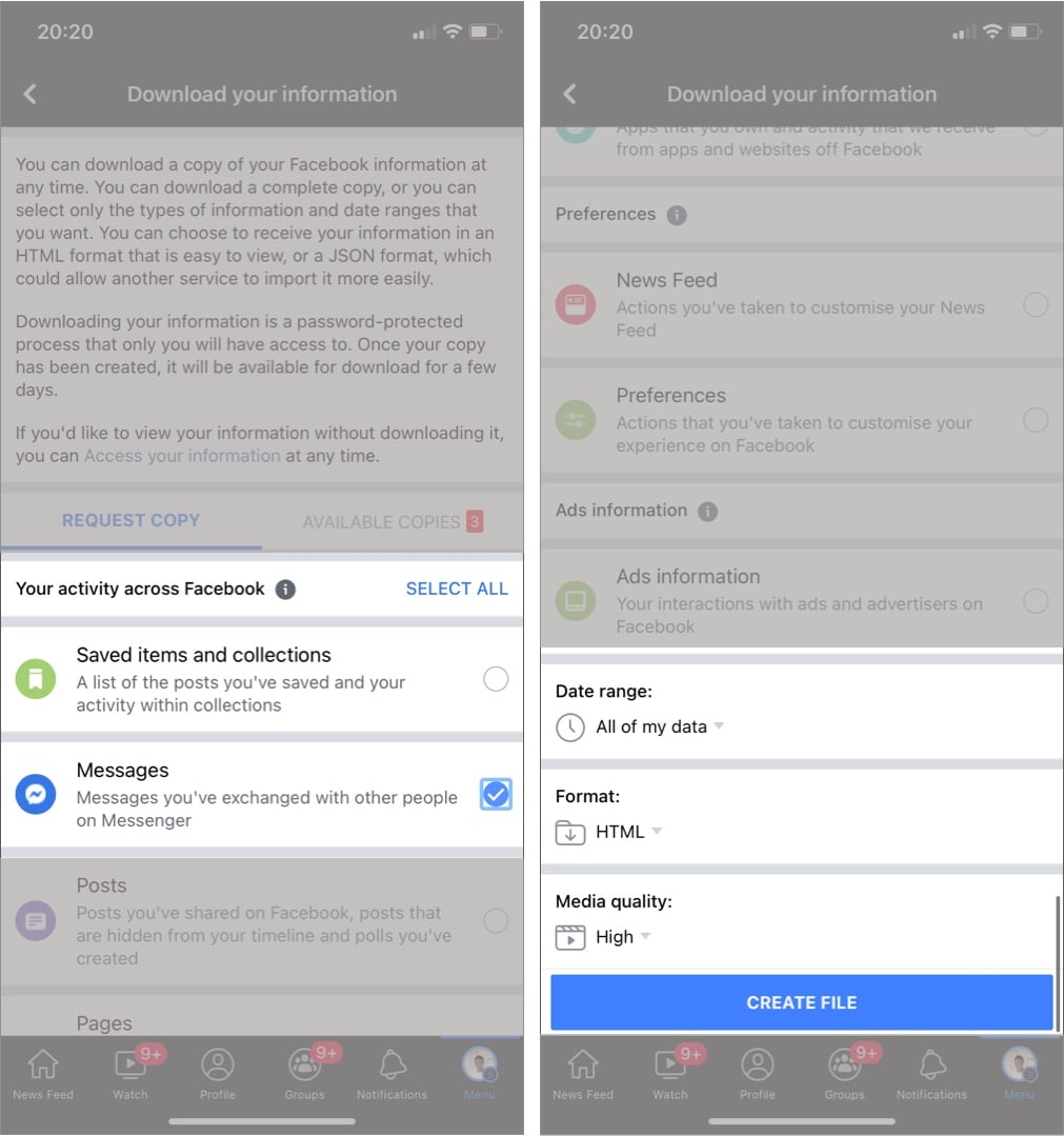 Wählen Sie Nachrichten und Dae-Bereich aus, tippen Sie in der iOS-Facebook-App auf Datei erstellen