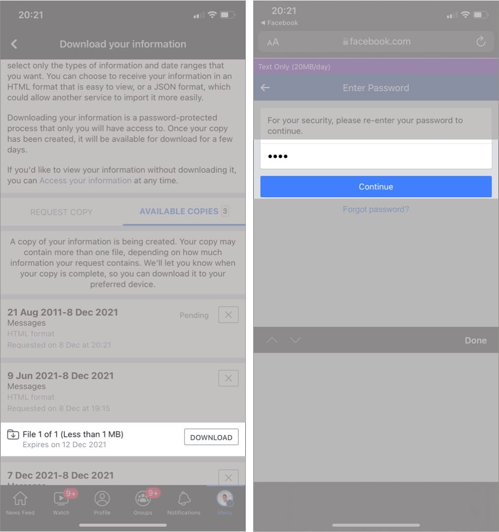 Tap Download and enter password and continue in iOS Facebook app