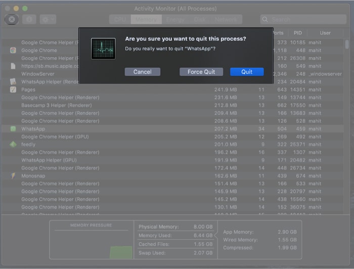 Используйте Activity Monitor, чтобы убить подозрительные процессы на Mac
