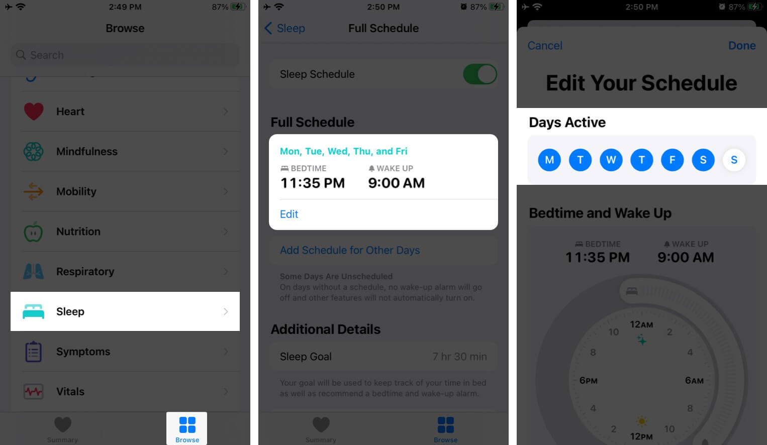 Customize Bedtime Days in Health app on iPhone