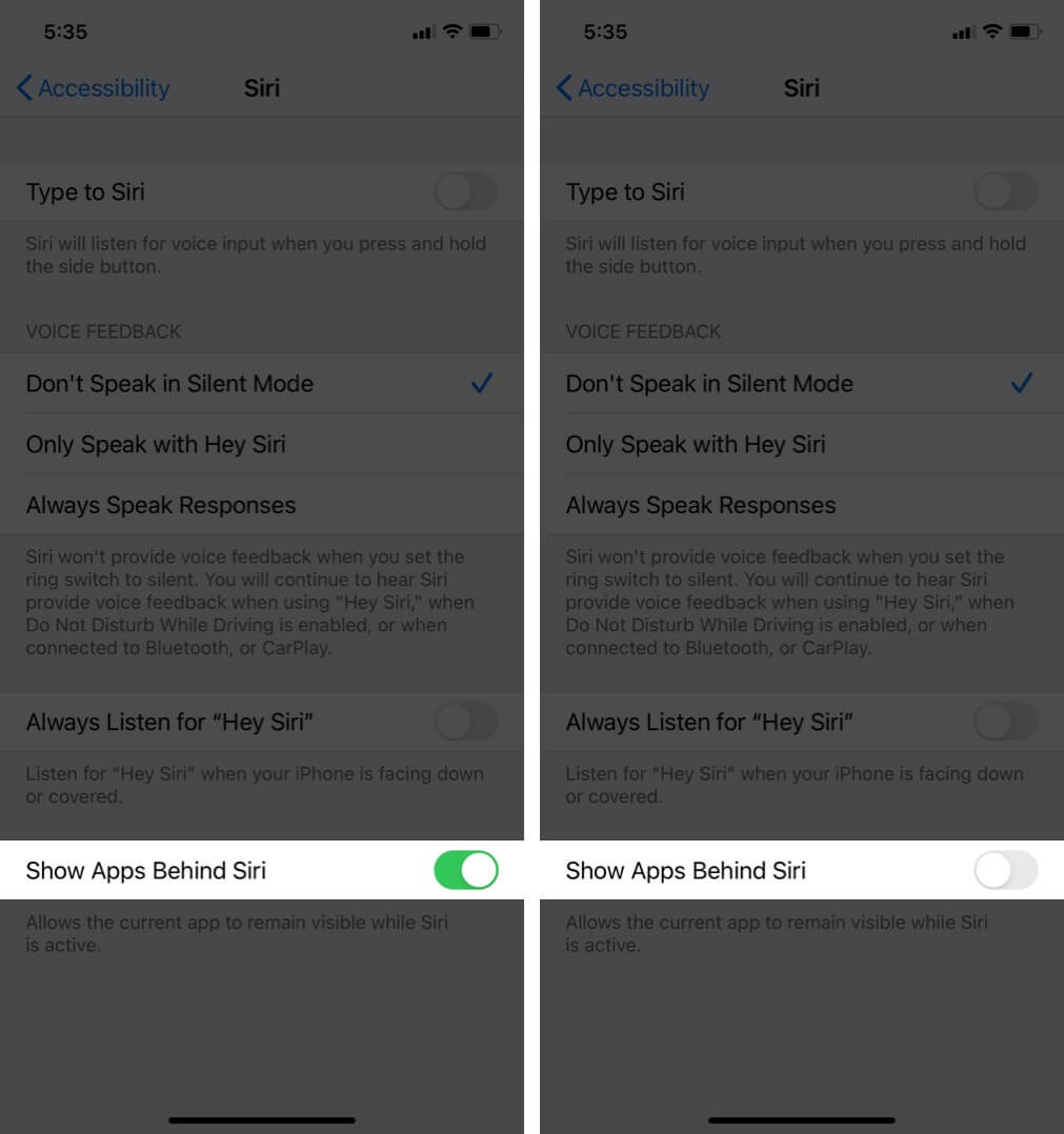disable show apps behind siri to get full screen siri on iphone