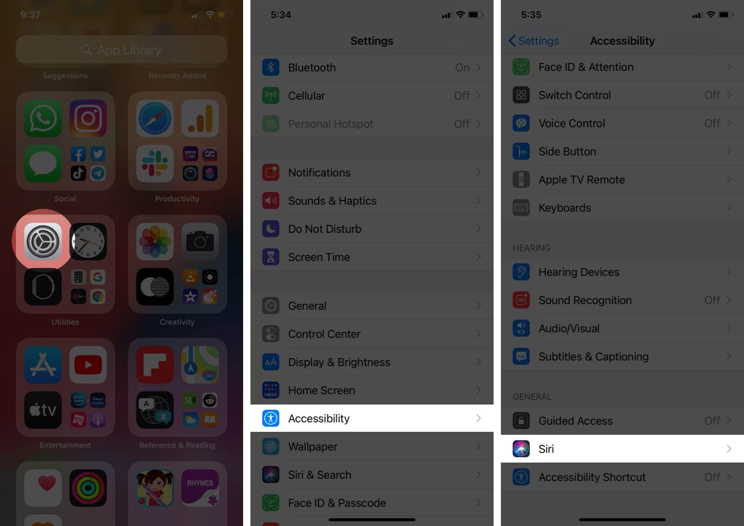open settings tap on accessibility and then tap on siri on iphone
