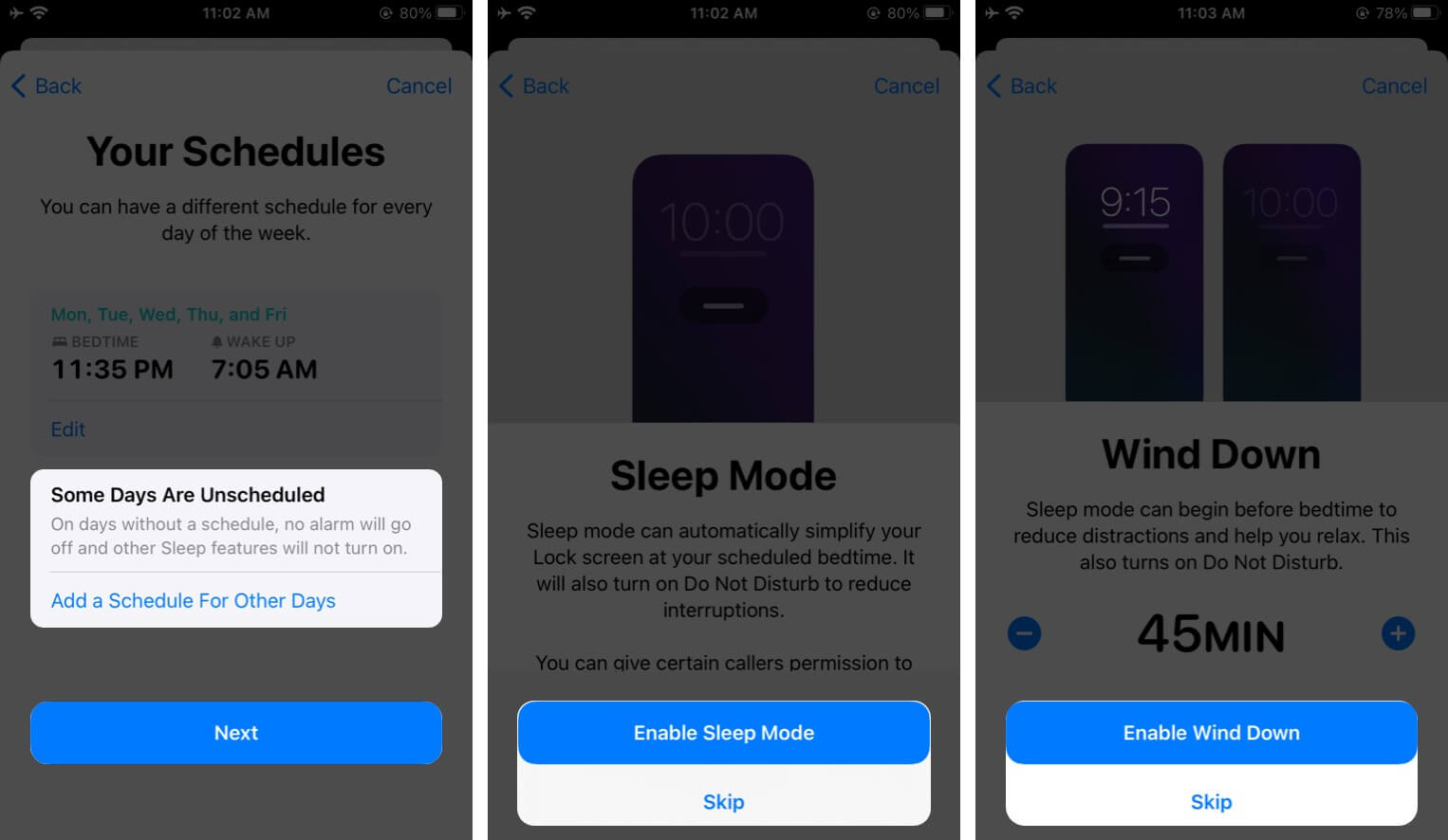 Review Settings Tap on Next and Choose Enable Sleep Mode or Not then Select Option to Enable Wind Down or Not on iPhone