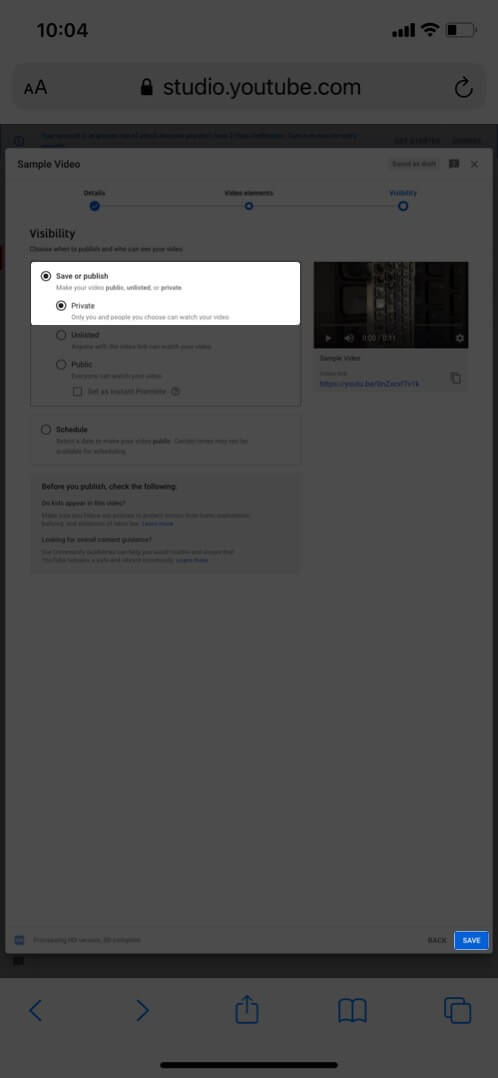 select private to save video in youtube