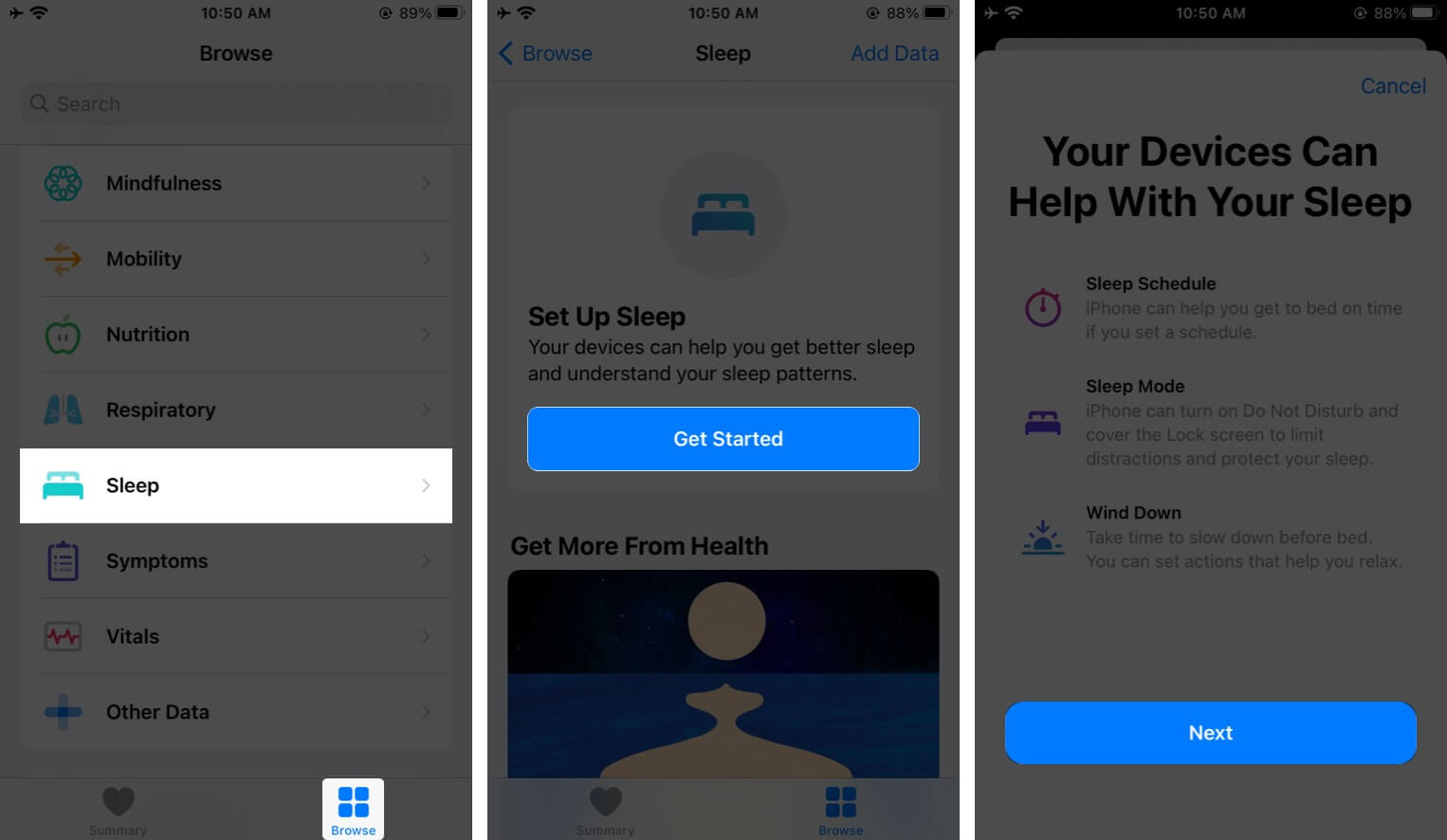 Tap on Sleep in Browse Tab and Tap on Get Started then Tap on Next in Health App on iPhone