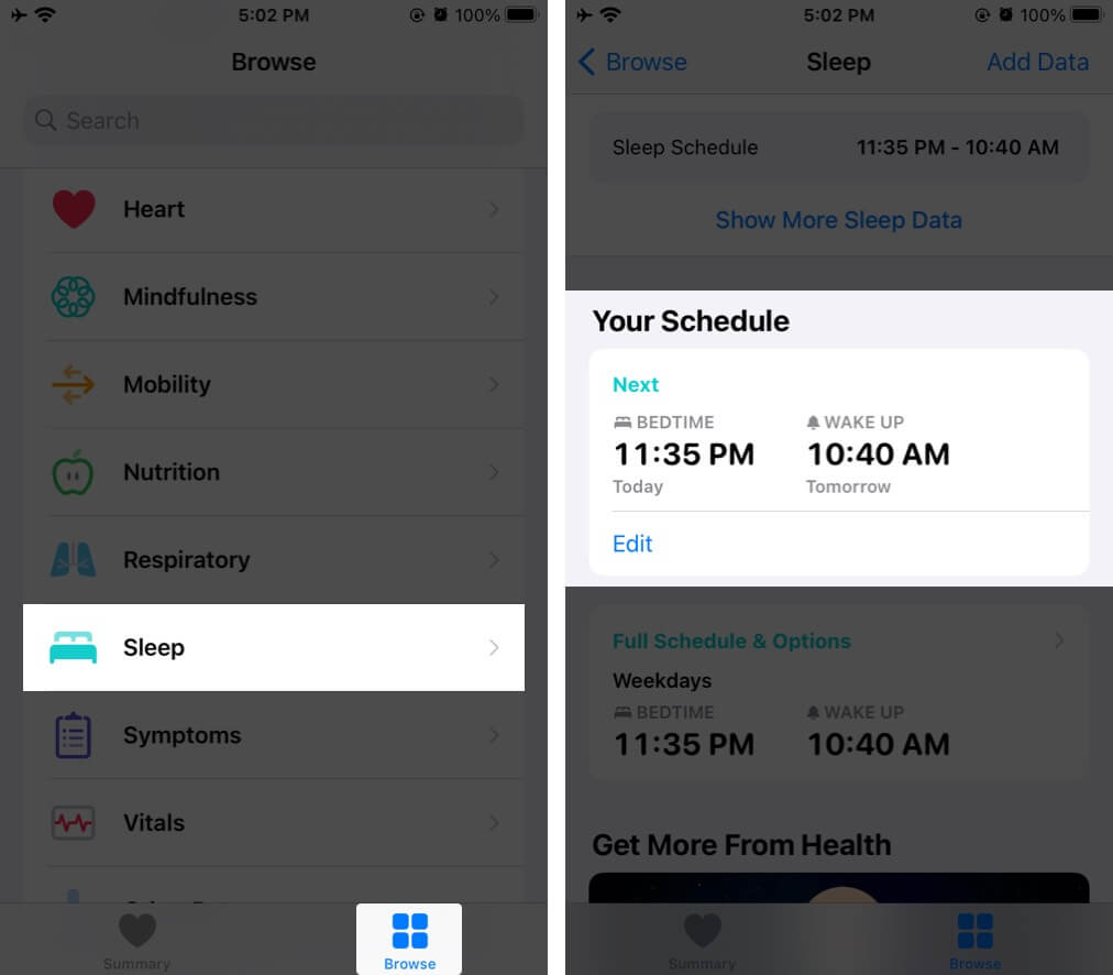 Tap on Sleep in Browse Tab and then Tap on Edit Under Your Schedule in Health App on iPhone