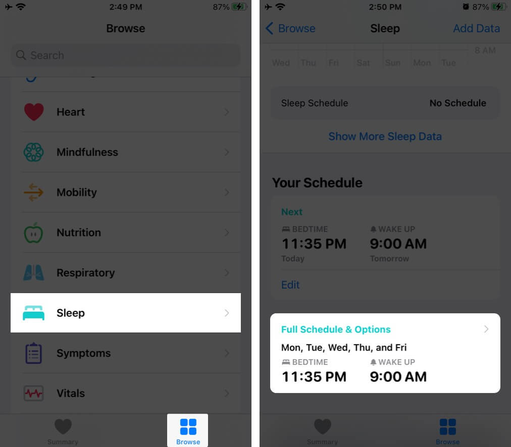 Tap on Sleep in Browse Tab and then tap on Full Schedule & Option on iPhone