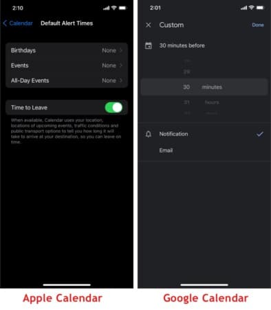 Apple Calendar vs. Google Calendar Notifications