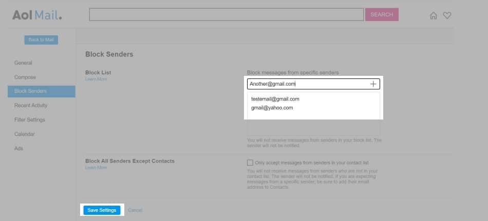 Блокировка адреса электронной почты с помощью веб-браузера AOL