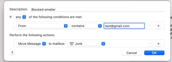 Block an email via the macOS Mail app