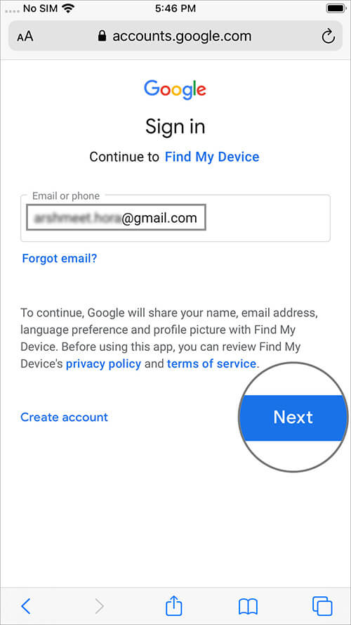 Enter Google ID and Tap on Next on iPhone